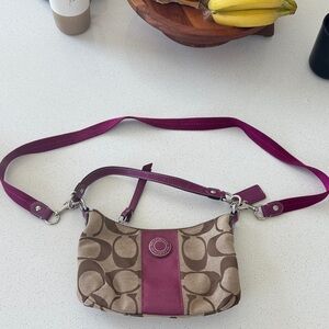 Coach Tan Signature Canvas Crossbody with Pink Leather Trim